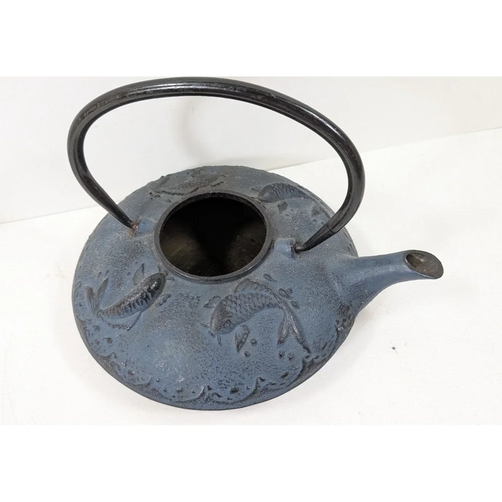 Japanese Vintage 24 Fl Oz Blue Carp Koi Fish Cast Iron Teapot Tetsubin w/ filter